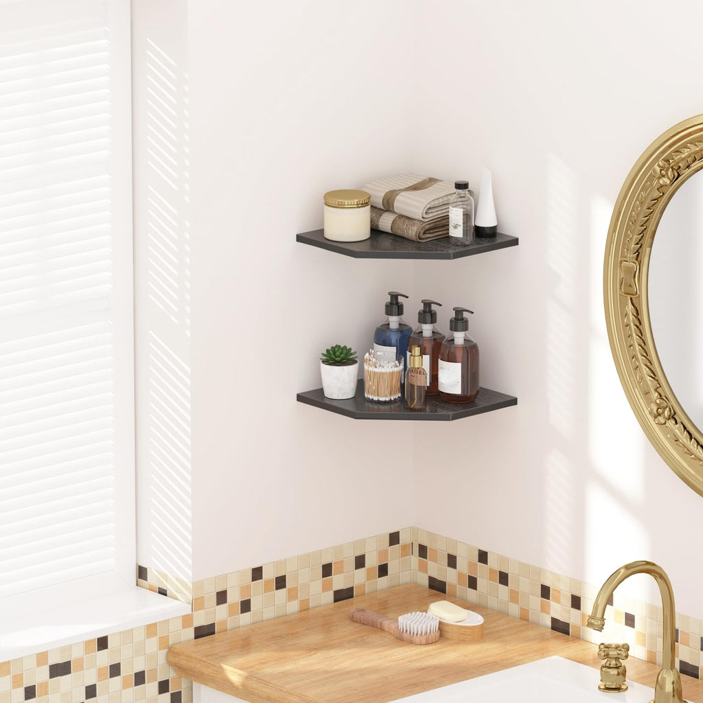 Corner Shelves, 12 Inch Corner Shelf Wall Mounted with Wire Hole, 4 Tier 13.3 Inch Deep Wooden Corner Hanging