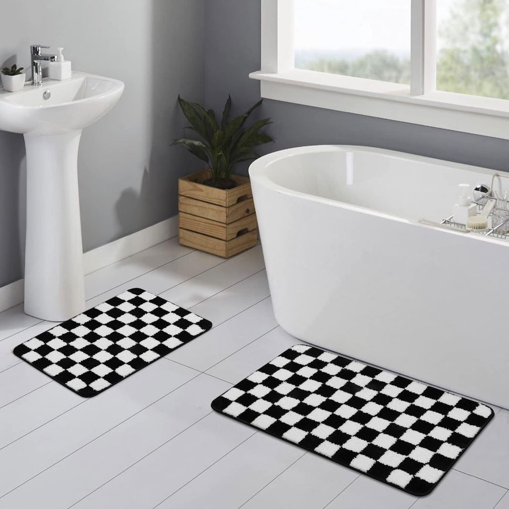 Bath Mats, Black and White Checkered Machine Washable Bathroom Rug Non Slip, 18x26 Water Absorbent Soft Microfiber