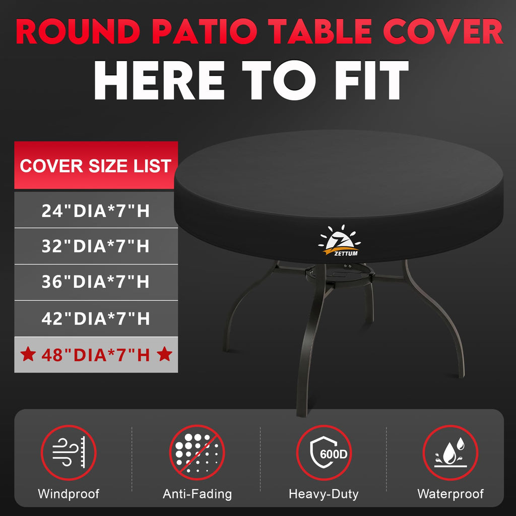Round Patio Table Cover 48 Inch - Outdoor Round Table Cover Waterproof & Heavy Duty, 600D Patio Furniture Covers for