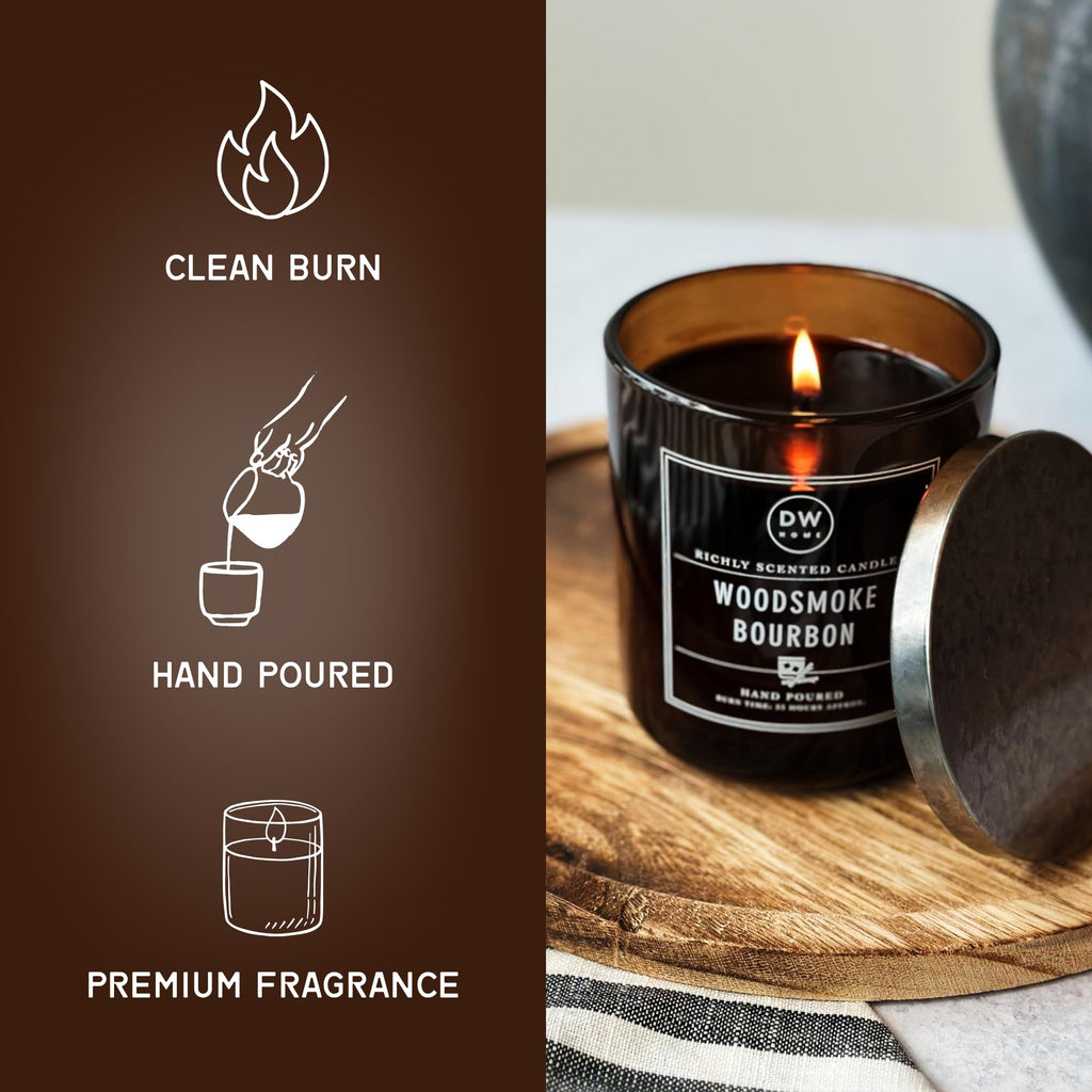 Woodsmoke Bourbon Scented Candle, 9 oz Jar, Hand Poured Single Wick, Up to 33-Hour Burn Time, Smoked Bourbon, Oak