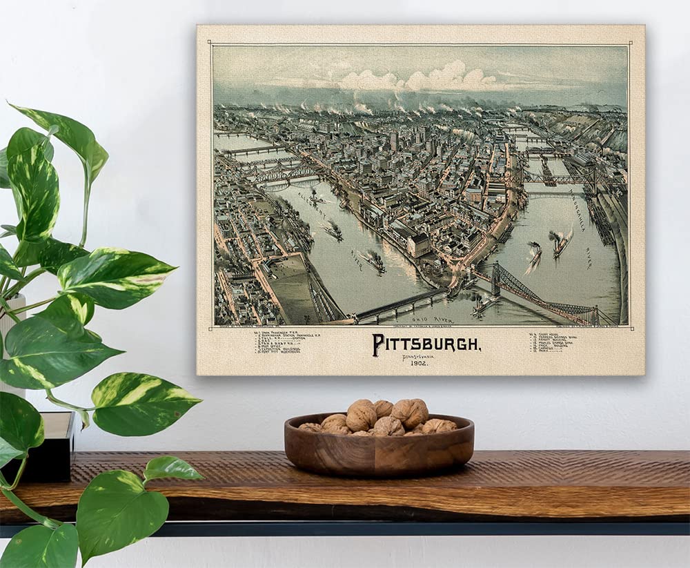 1902 Pittsburgh Pennsylvania Map - Stretched on a Heavy Wood Frame - Ready to Hang - Decor in This Highly Detailed