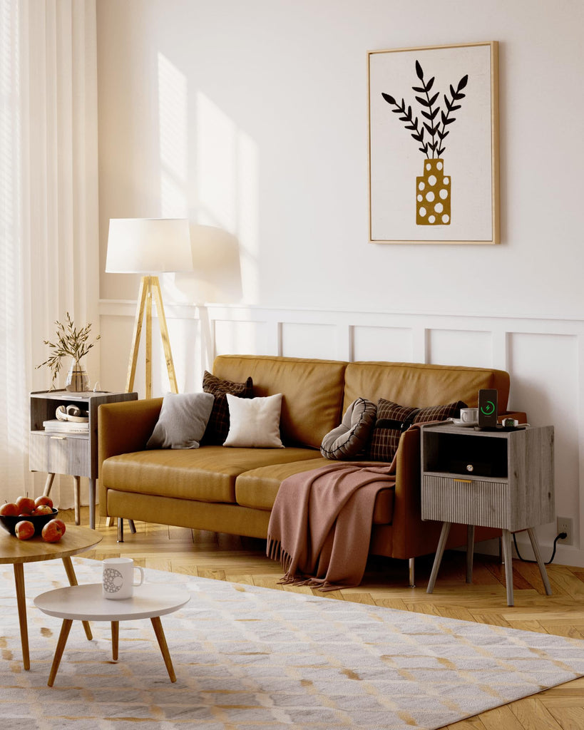 Nightstand with Outlet, Modern Bedside Table with Storage Drawer and Open Wood Shelf, and Small Spaces, Accent Night