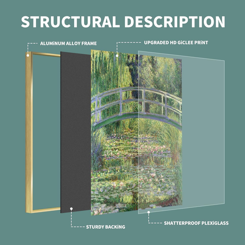 Framed Claude Monet Purple Gold Green Wall Art - Monet Canvas Wall Art with Water Lilies & Garden at Giverny