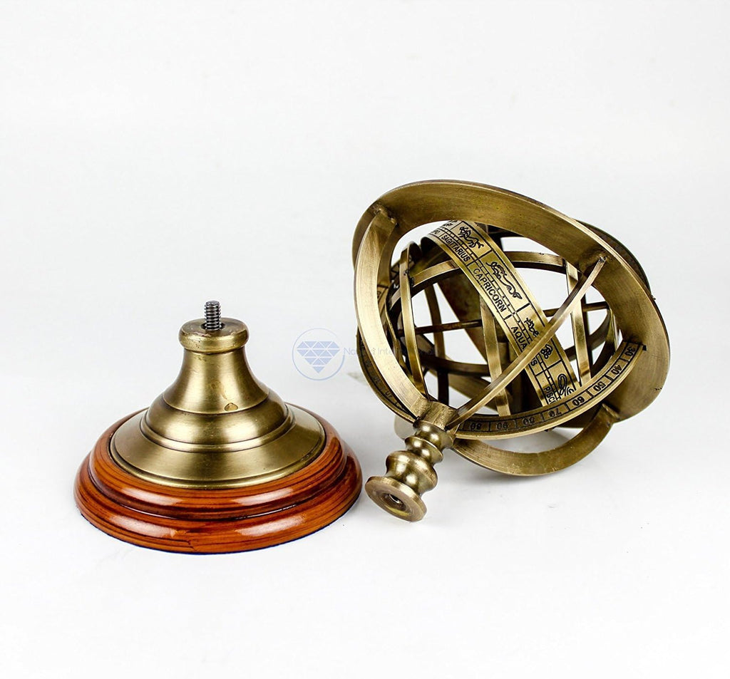 Antique Vintage Zodiac Armillary Brass Sphere Globe Wooden Display | Pirate's Antique Ship Decor | (Medium, Antique