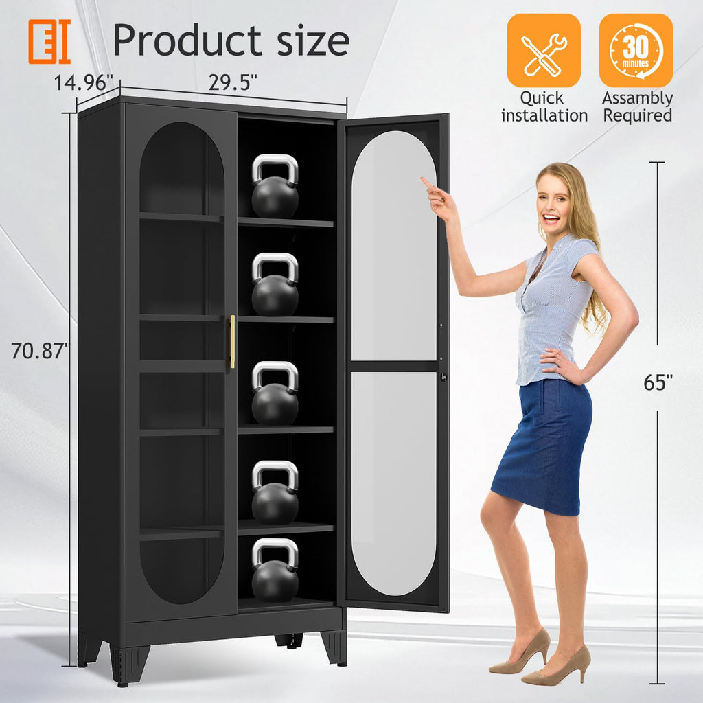 71" H Locking Display Cabinet with Glass Door, Metal Curio Cabinets with 4 Adjustable Shelves, Tall Liquor Cabinet