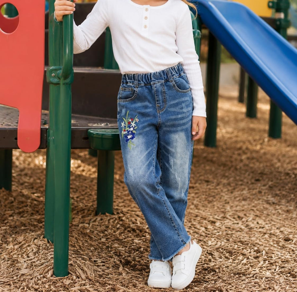 Girls Embroidered Jeans, Ribbed Elastic Waist Denim Pants