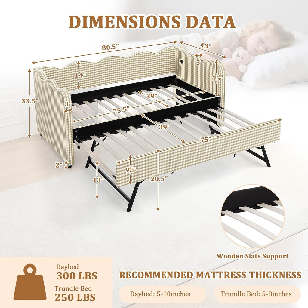 Twin Size Gingham Daybed with Trundle, Upholstered Linen Day Bed Frame with USB Ports & Wave-Shaped Backrest, Modern