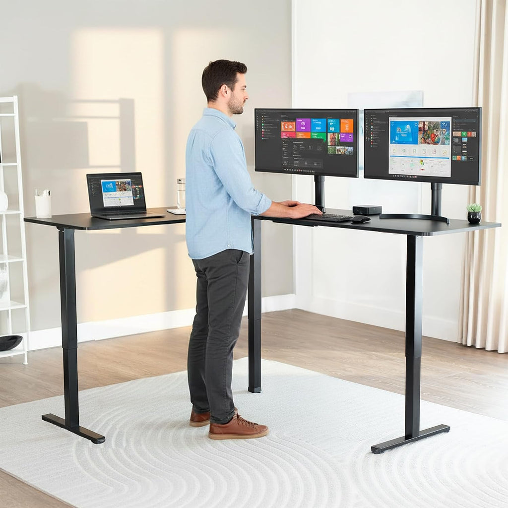 Black 75 x 63 in Corner Standing Desk, DESK-E3CTB-75 | Electric, Holds 225 lbs, Large Reversible L-Shaped Table, Sit