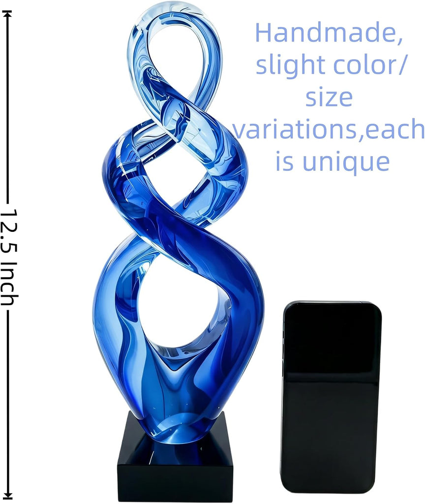 Hand Blown Murano Style Glass Sculpture - Abstract Twist Infinity Modern Glass Artwork, Blue Glass Decor, Entryway - Set of 50