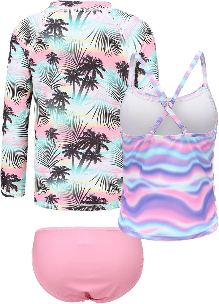 Girls 3 Piece Swimsuits Set Long Sleeve Rash Guard Tankini Bathing Suits for Girls Beach Swimwear Set