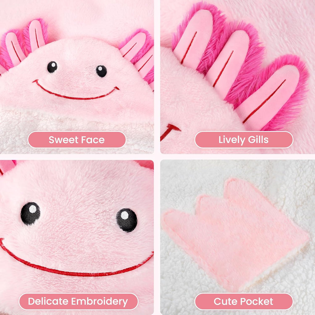Axolotl Wearable Blanket Hoodie for Women & Men - Oversized Snuggable Sweatshirt with Paw Print Shaped Pockets