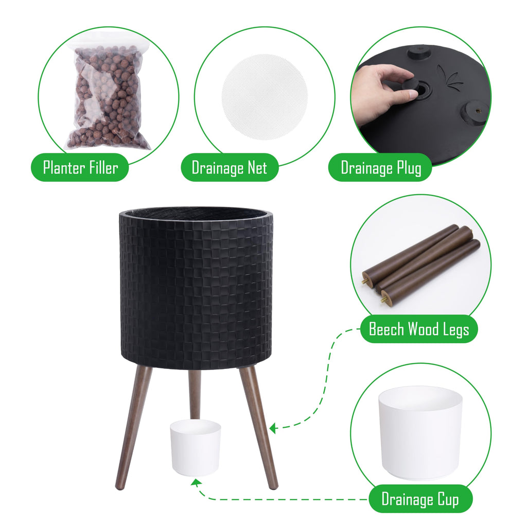 Planter Pot with Wood Stand, 14 in, Matte Black