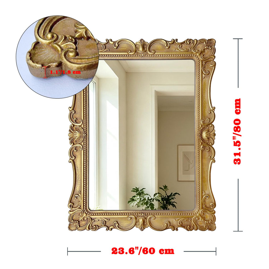 Vintage Rectangular Wall Mirror, Ornate Baroque Carved Wood Frame