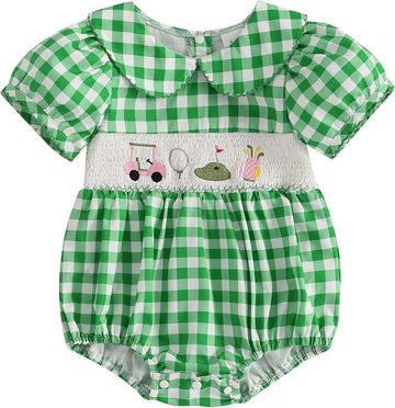 Baby Girl Smocked Bubble Romper Golf Embroidery Short Sleeve Peter Pan Collar Bodysuit Newborn Summer Clothes