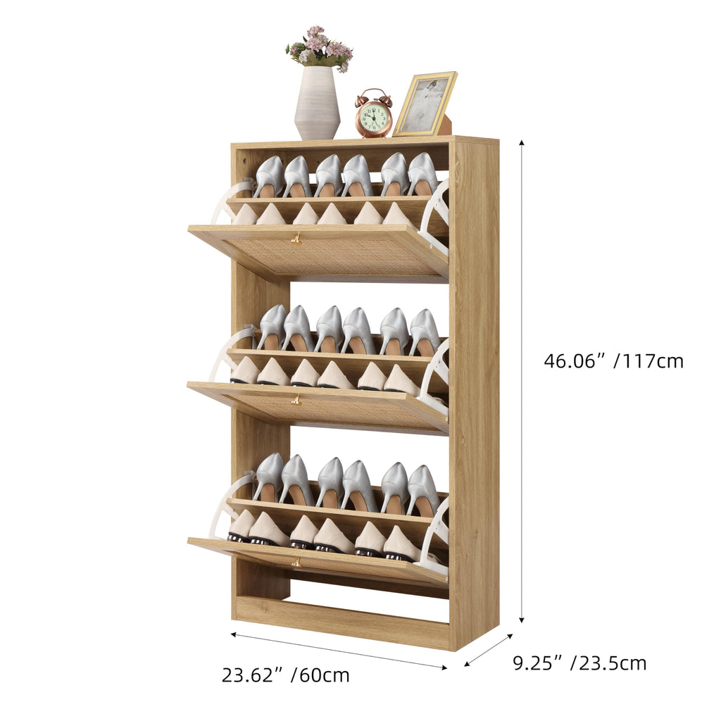 3 Tier Shoe Cabinet with Natural Rattan Flip Drawers, Free Standing Slim Shoe Storage Organizer with Large Top
