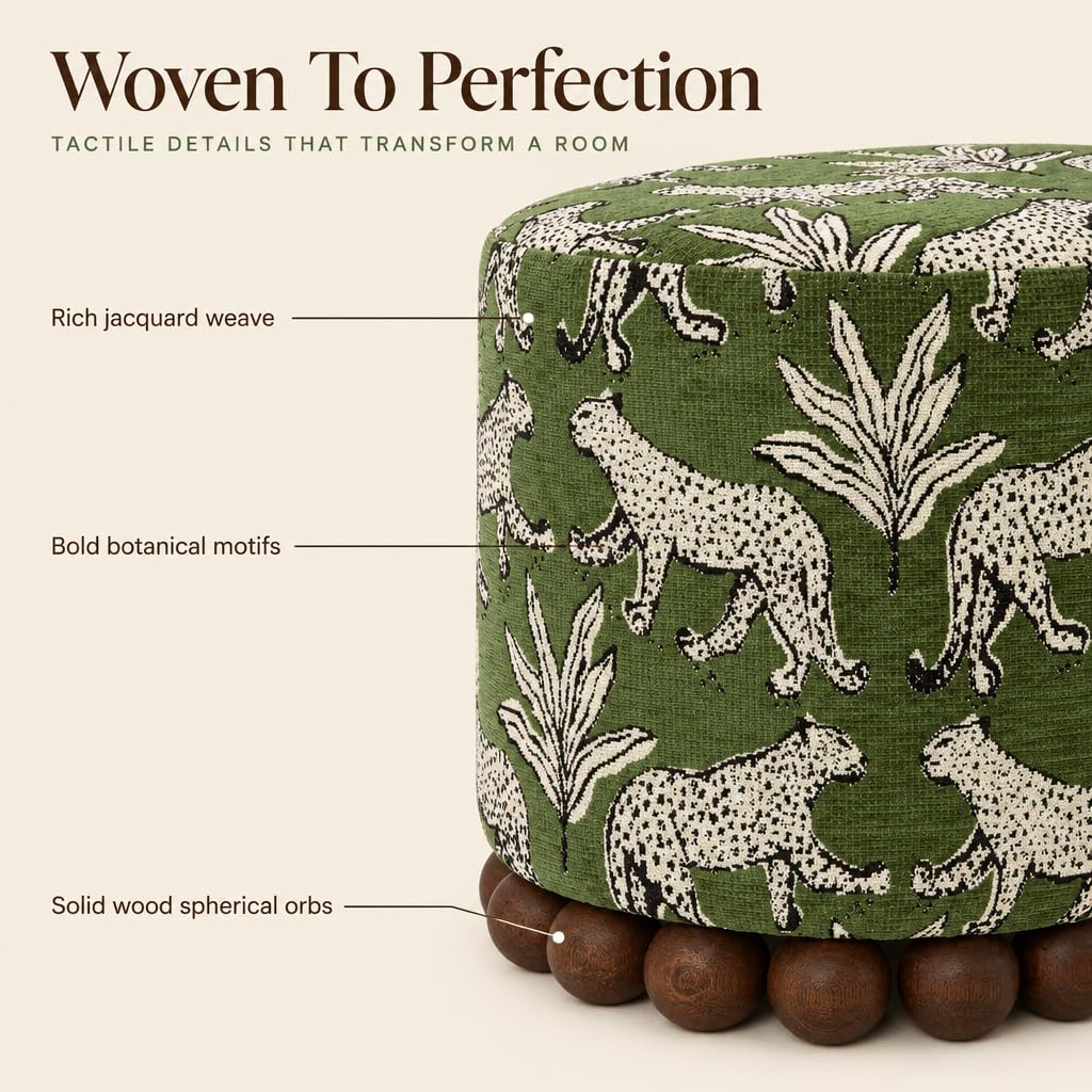 Dex Small Round Ottoman, Leopard Jacquard, Olive Green