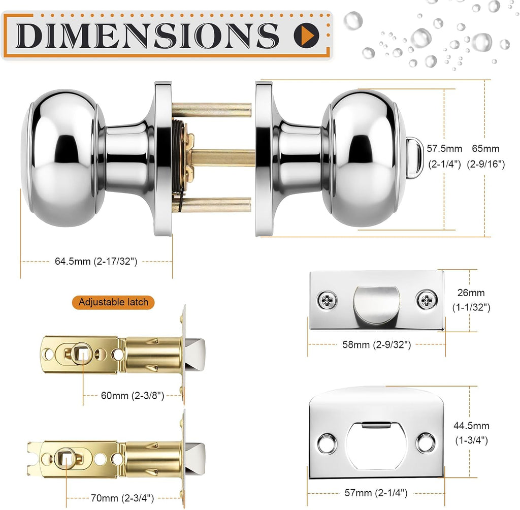 Polished Chrome Bed/Bath Door Knobs, Privacy Door Locksets, Keyless Interior Door Knobs, 10 Pack