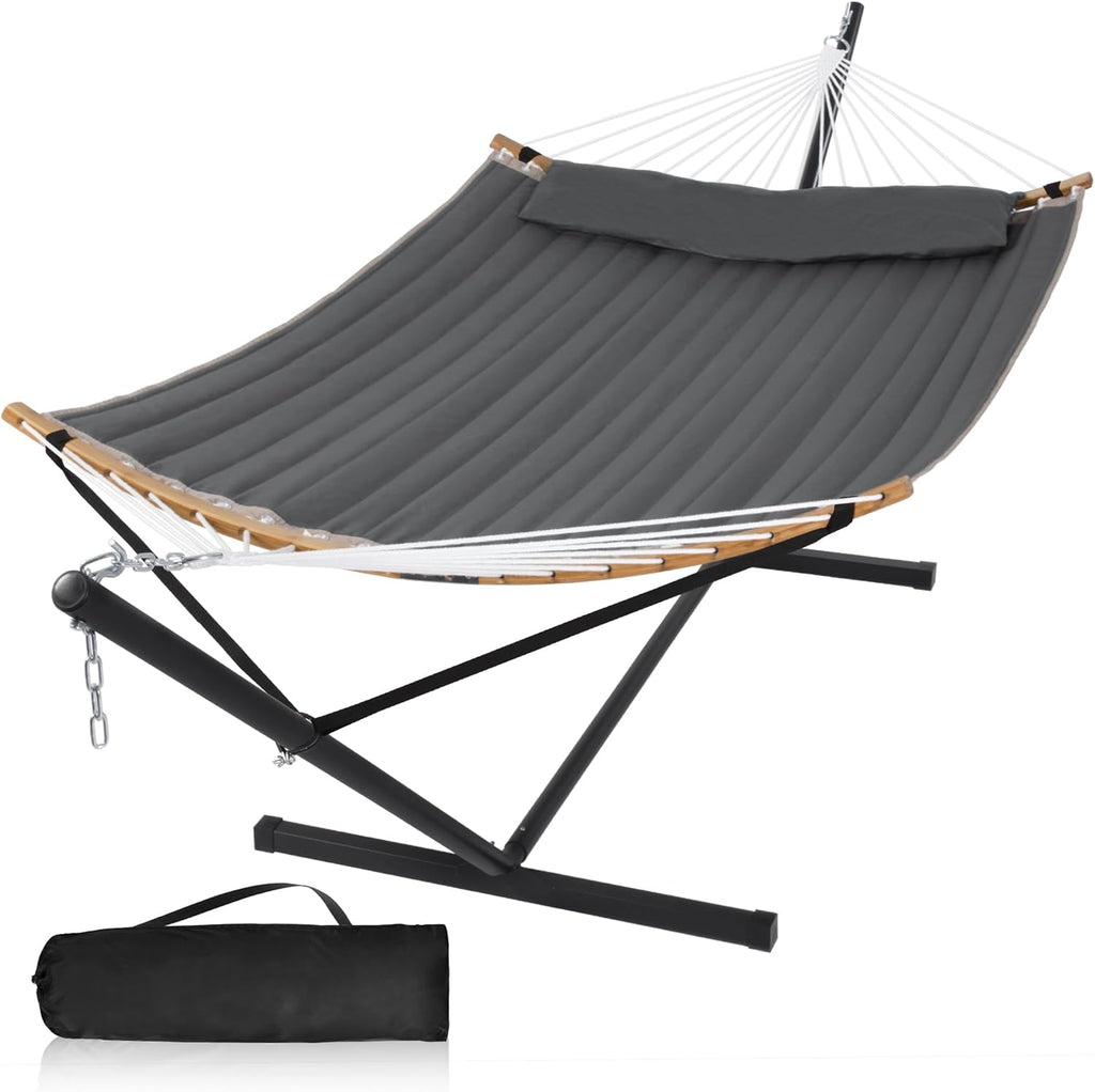 Heavy Duty Hammock with 12FT Stand, Double Hammock, Dark Gray | Large Hammock with Curved Spreader Bar, Pillow