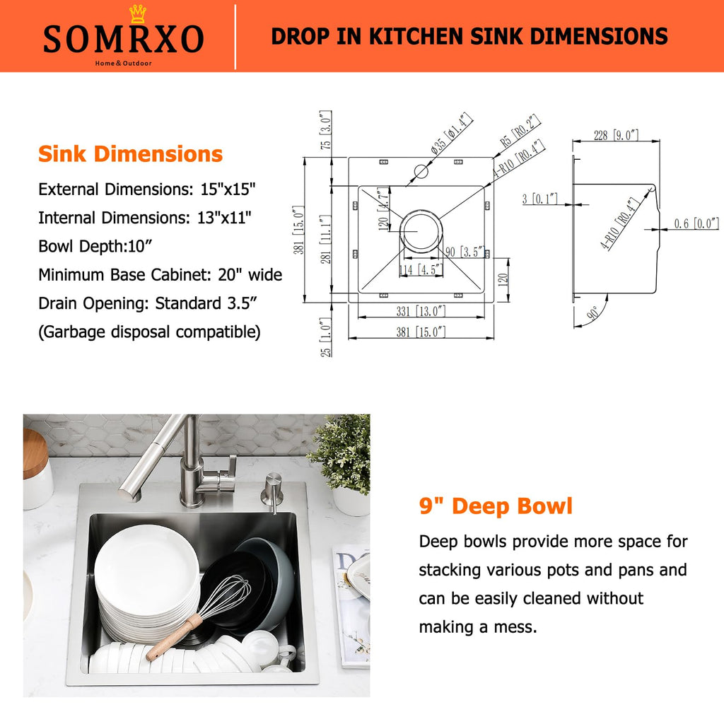 15x15 Drop In Bar Sink with Faucet