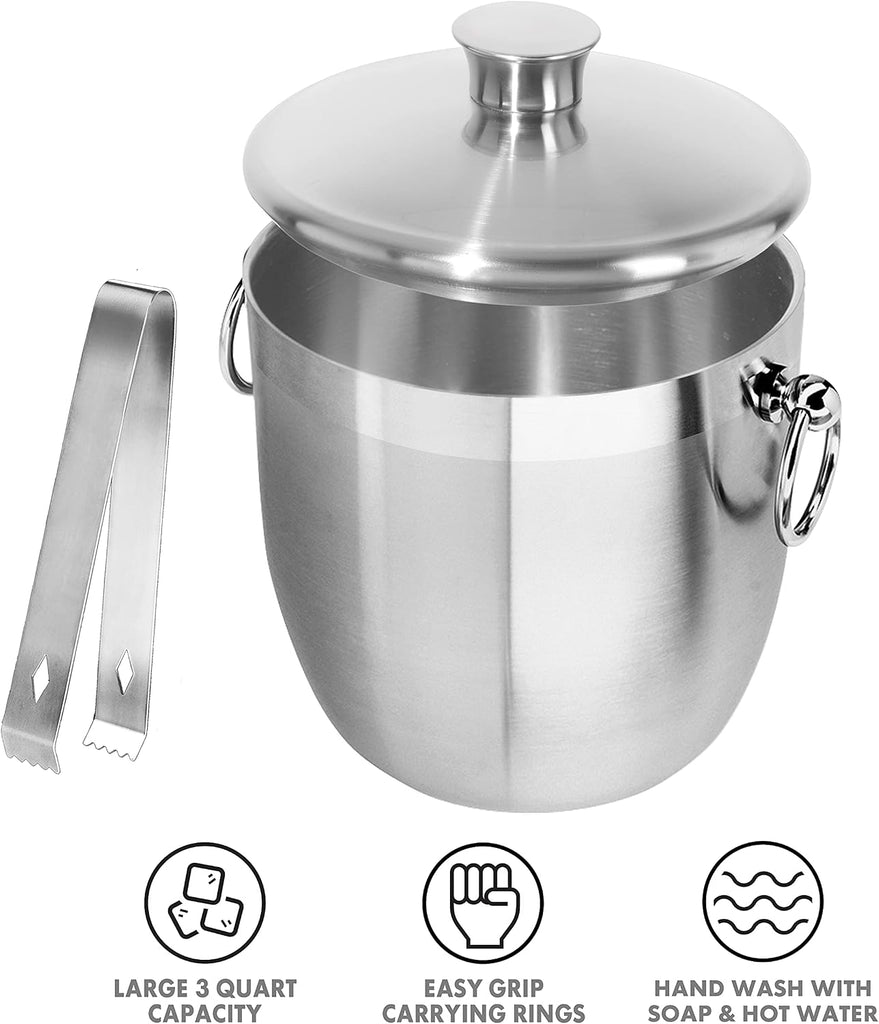 Double Wall Stainless Steel Ice Bucket - Insulated Ice Bucket with Elegant Steel Lid, Classic Handles & Stainless