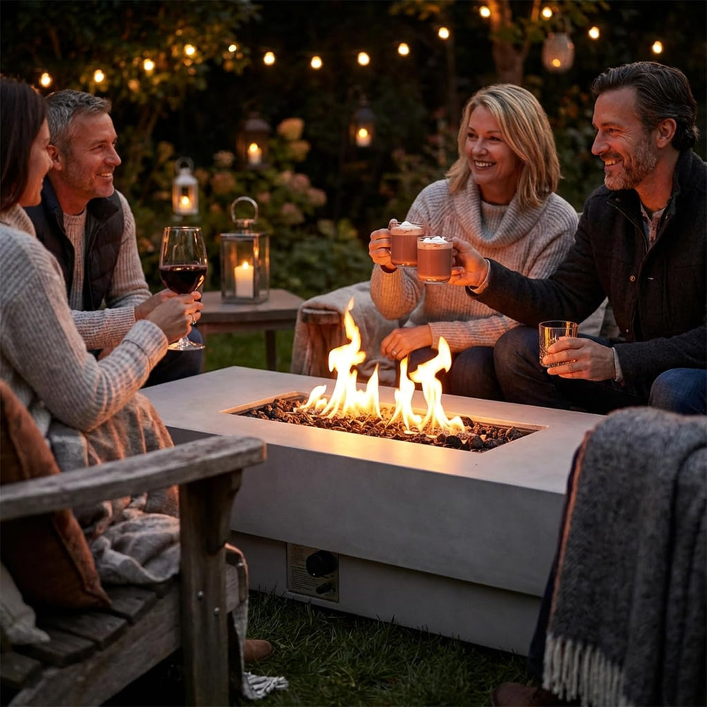 60-inch Outdoor Propane Fire Pit Coffee Table with Tank Cover, 50,000 BTU Concrete Rectangle Modern Outside Fire