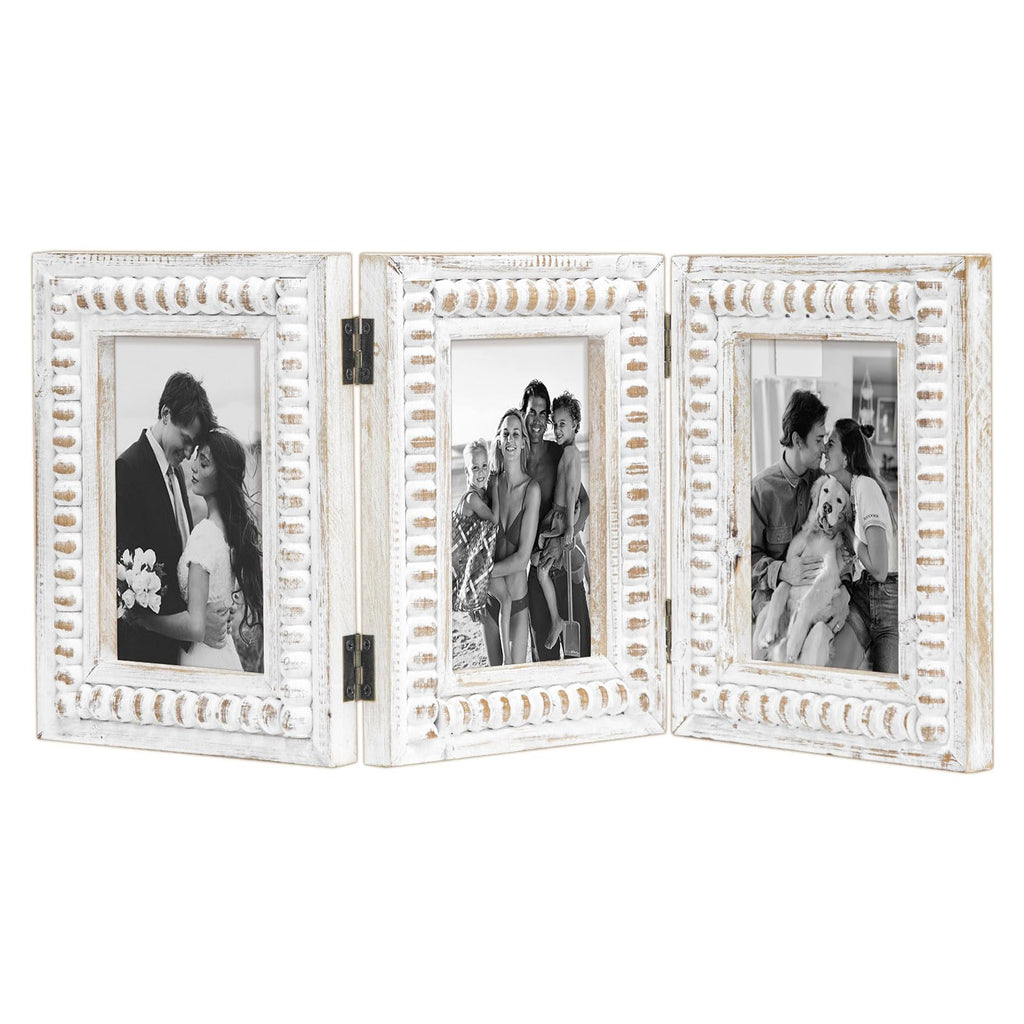 HOME Whitewashed Folding 3 Picture Frame 4x6, Wooden Triple 4 x 6 Picture Frame for Tabletop Display, Farmhouse