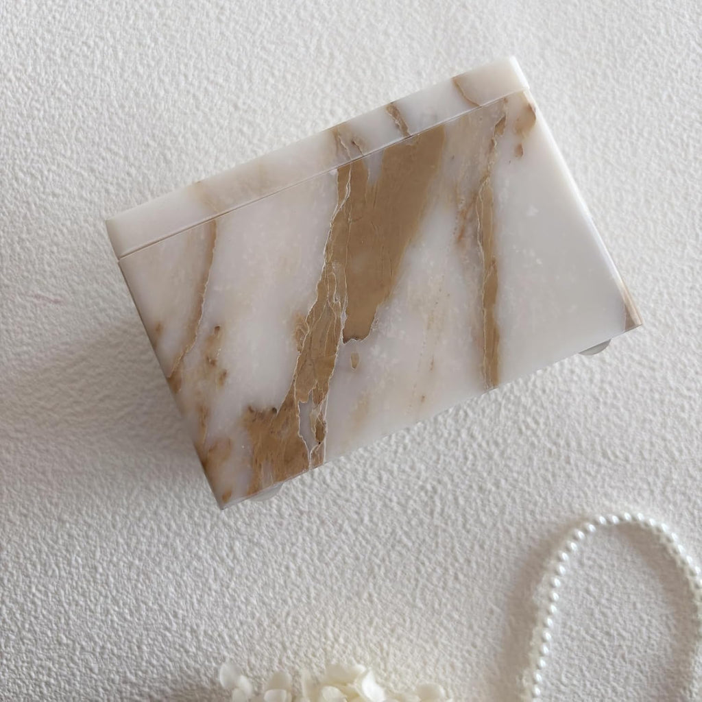 Natural Marble Ring Jewelry Box Cotton Swab Storage Box with Lid Storage Box (Calacatta Gold)