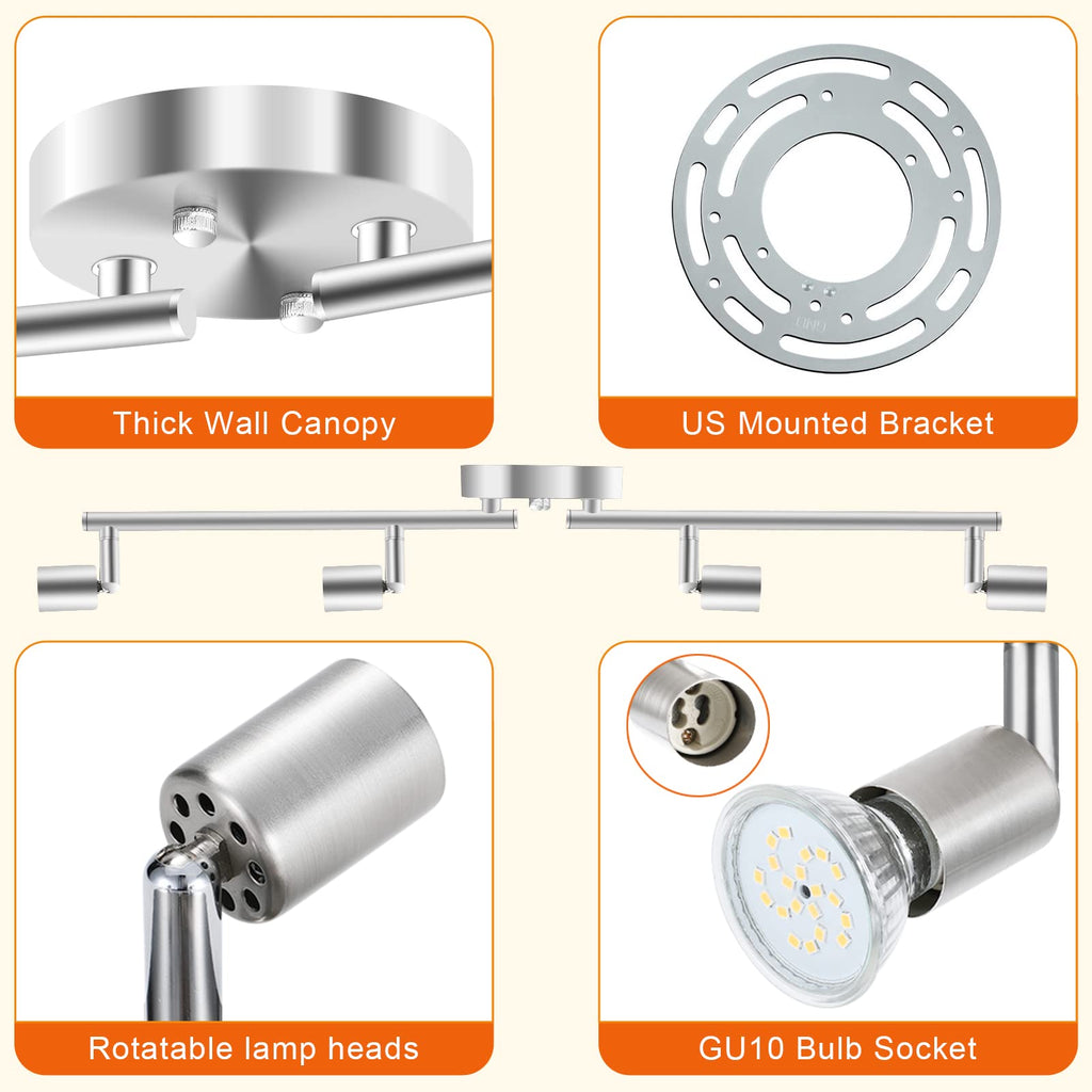 Track Lighting Kit, 4 Head Foldable Ceiling Spot Light with GU10 Socket Hallyway Bedroom Fixture Directional Accent