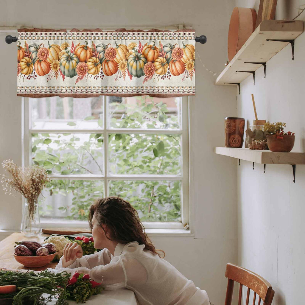 Orange Pumpkins Fall Valances Window Treatment Farmhouse Decor, Boho Thanksgiving Botanical Floral Rod Pocket Valance