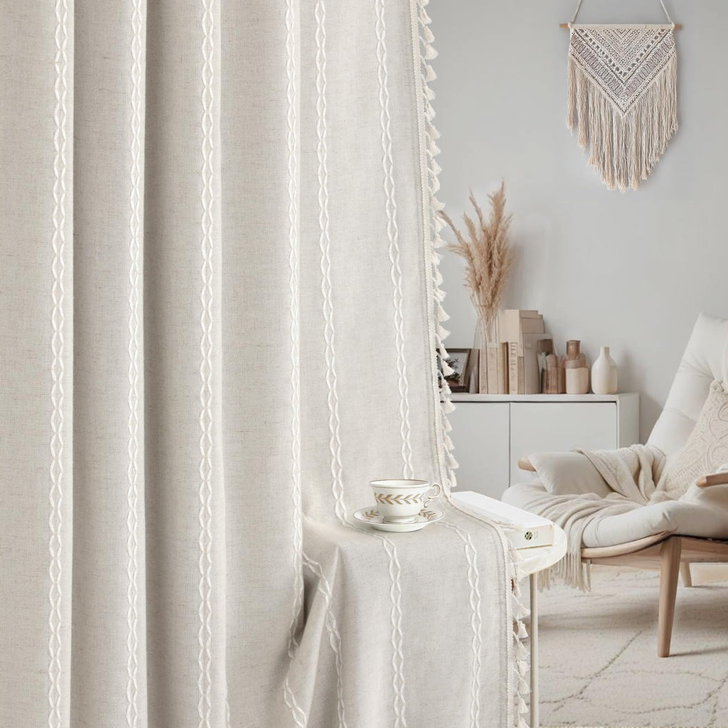 80% Boho Blackout Curtains 84 Inch Linen Blend Drapes 2 Panels