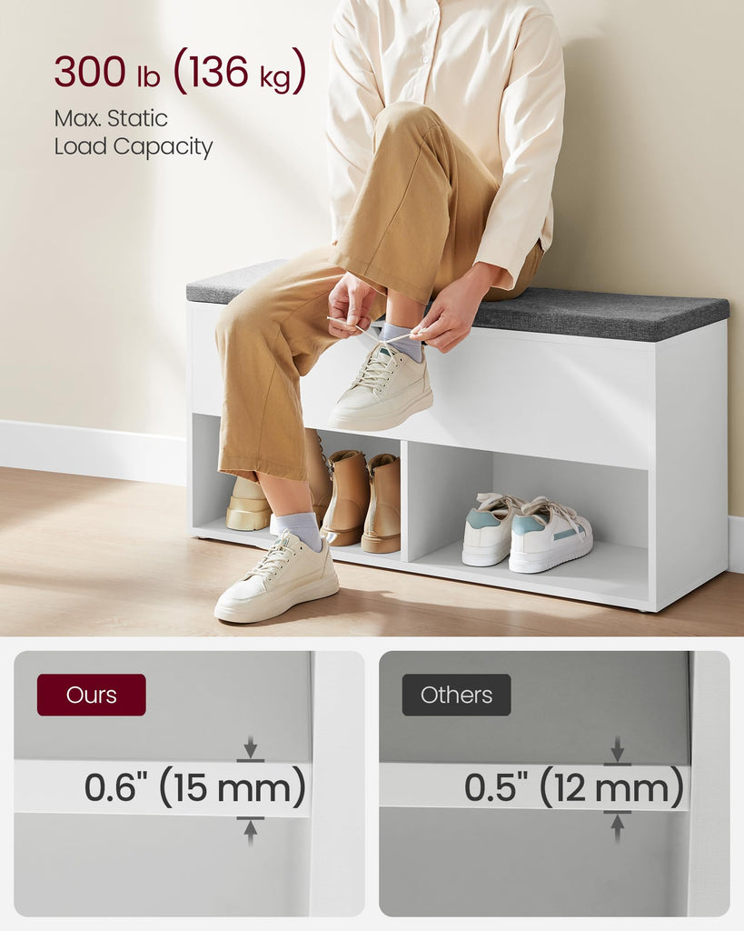 Shoe Storage Bench with Cushion, 2 Open and 1 Hidden Compartments