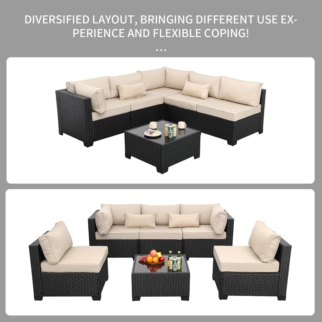 Patio Sectional 6 Pieces All-Weather Wicker Patio Furniture Set Outdoor Sectional with Glass Table Non-Slip Cushions