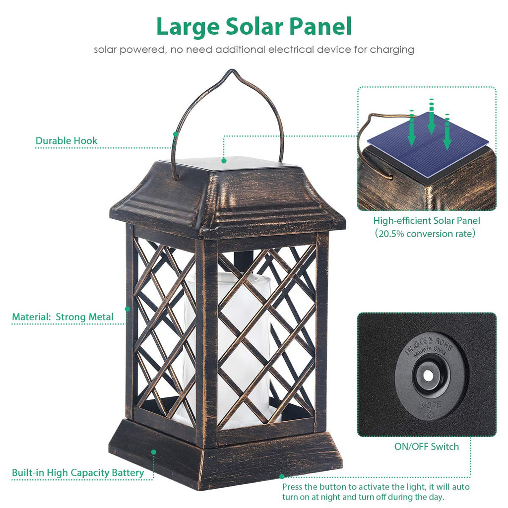 Flickering Flame Solar Lights Outdoor Metal Hanging Lantern, 2 Pack