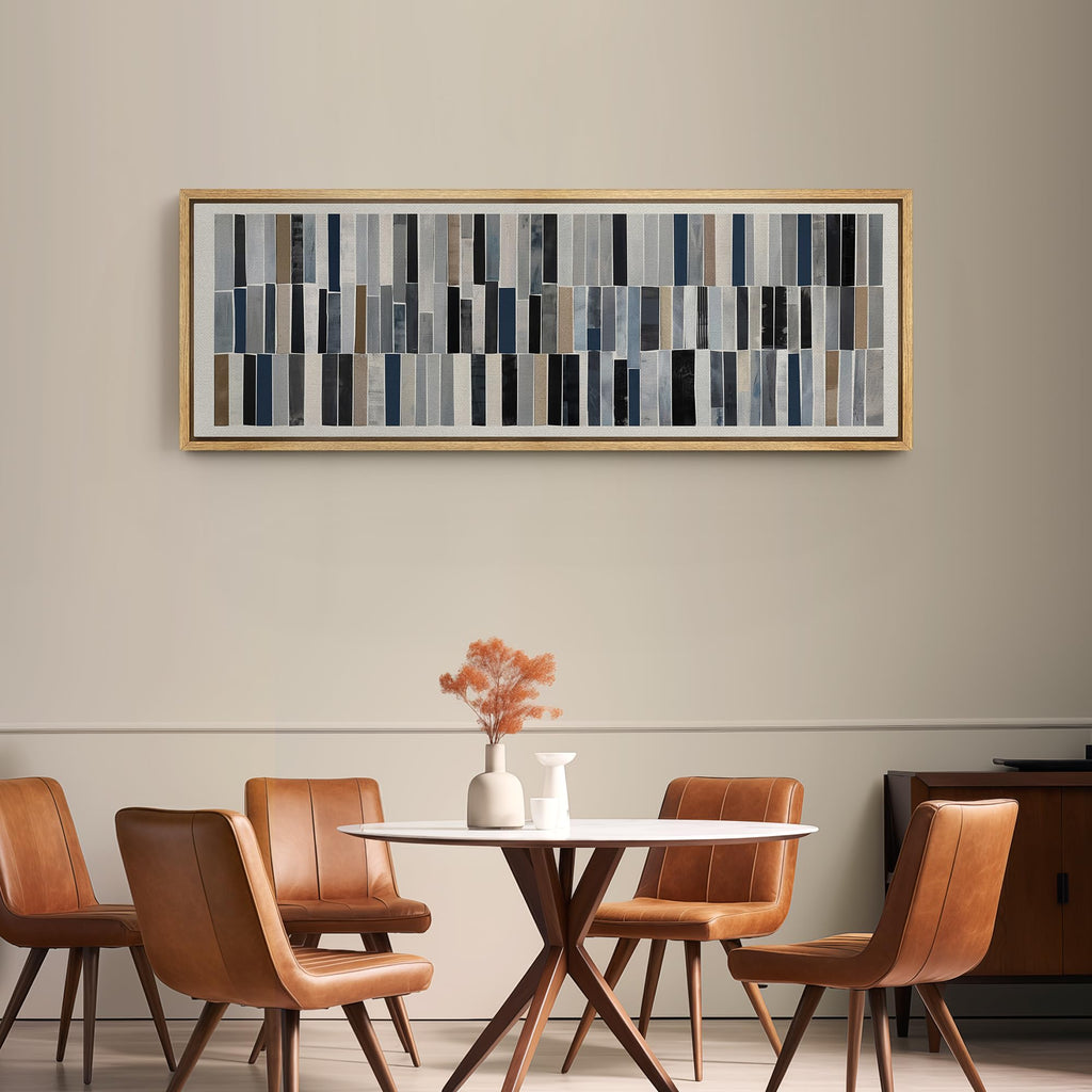 Large Framed Canvas Print Wall Art Abstract Striped Pattern Modern Earth Tones and Blues Geometric Illustrations