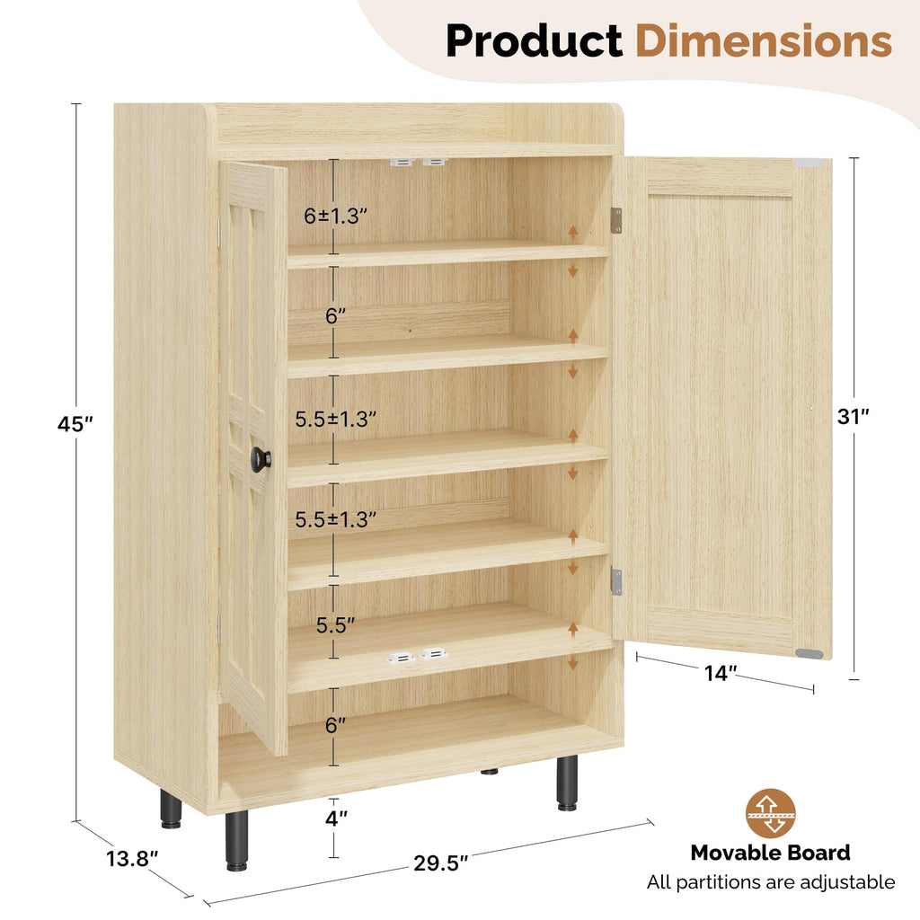 Farmhouse Shoe Cabinet with Doors, 6-Tier Wooden Shoe Organizer with Adjustable Shelves, Entryway Storage Cabinet