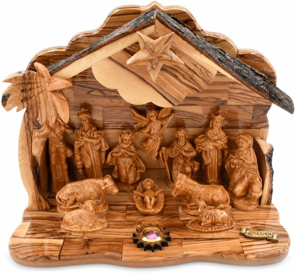 Olive Wood Nativity Set with Music Box - Hand Carved in Bethlehem | Holy Land Christmas Manger Scene | Religious Gift