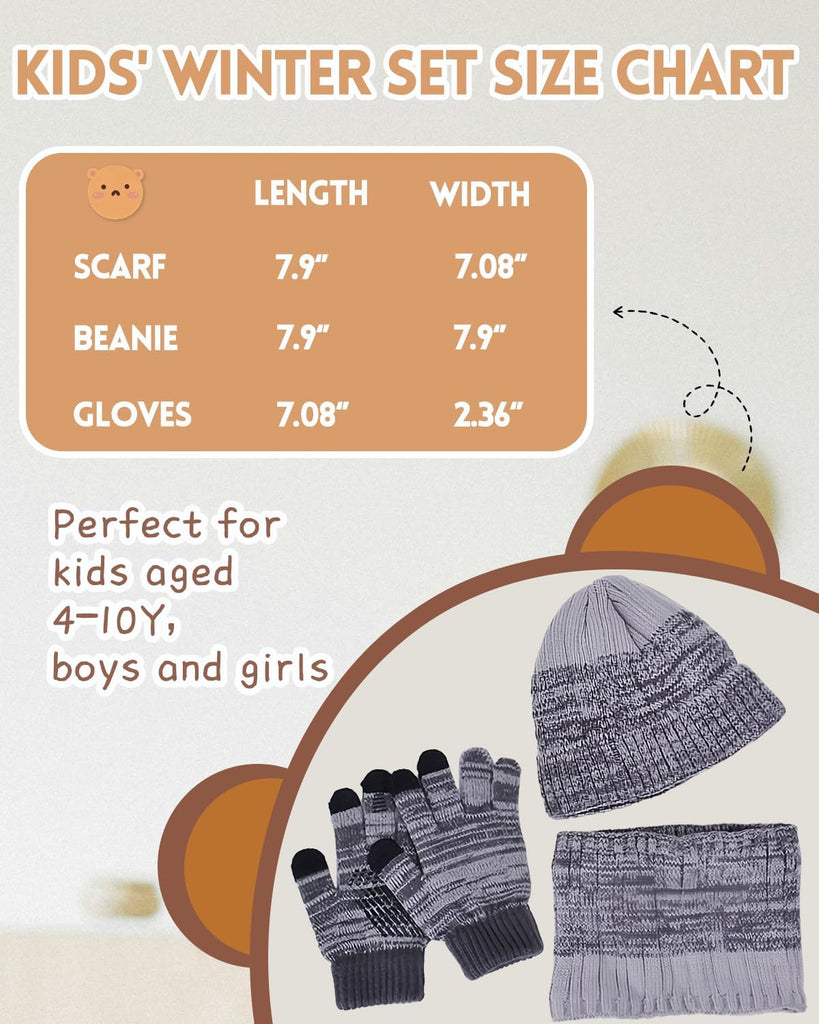 Kids Winter Hat Gloves Scarf Set,Mixed-color Beanie hat Knit Neck Fleece Lining Touchscreen Gloves for Girls Boys