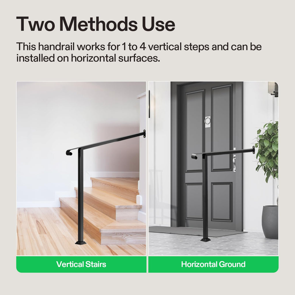 3-Step Stair Handrail 40"x39" Wrought Iron with 1 Curved End Black