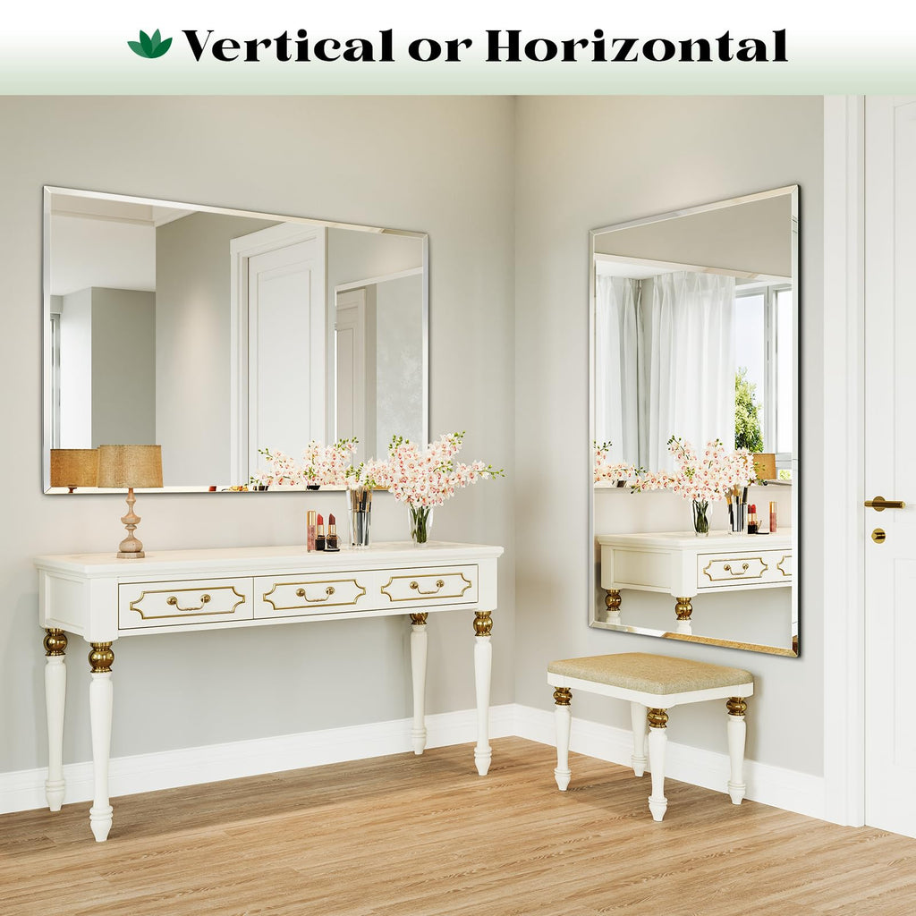 Frameless Bathroom Beveled Wall Mirror, 48"x32" Large Wall Mirror