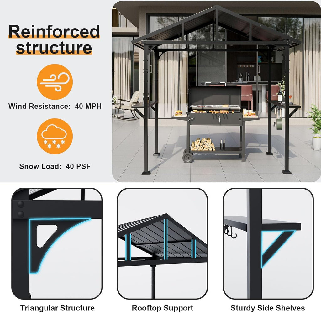 8'x 5' Hardtop Grill Gazebo, Outdoor BBQ Gazebo Metal Roof Canopy with 2 Metal Side Shelves & 5 Tool Hooks for