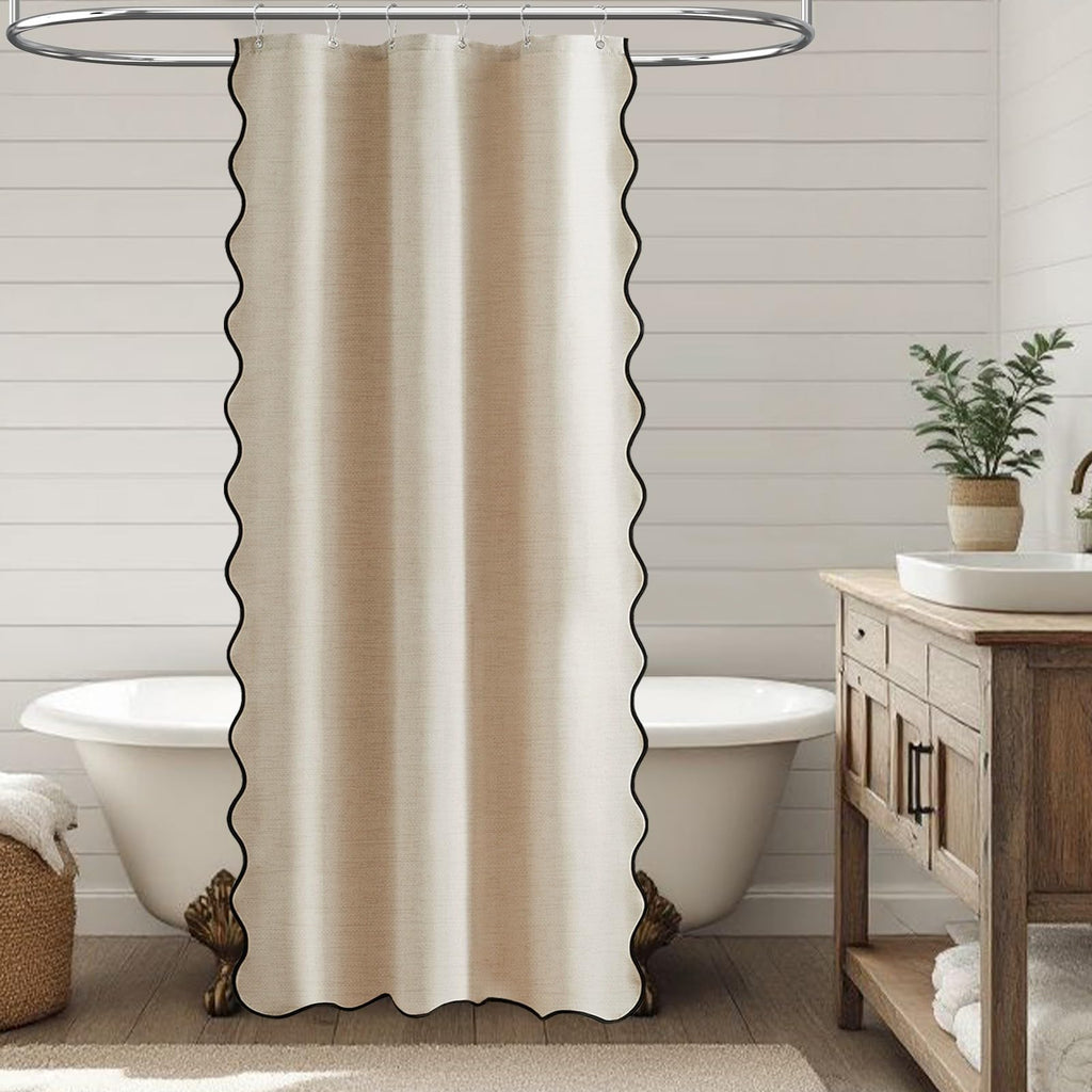 Stall Boho Scalloped Linen Textured Shower Curtain, 36x72, Beige/Cream