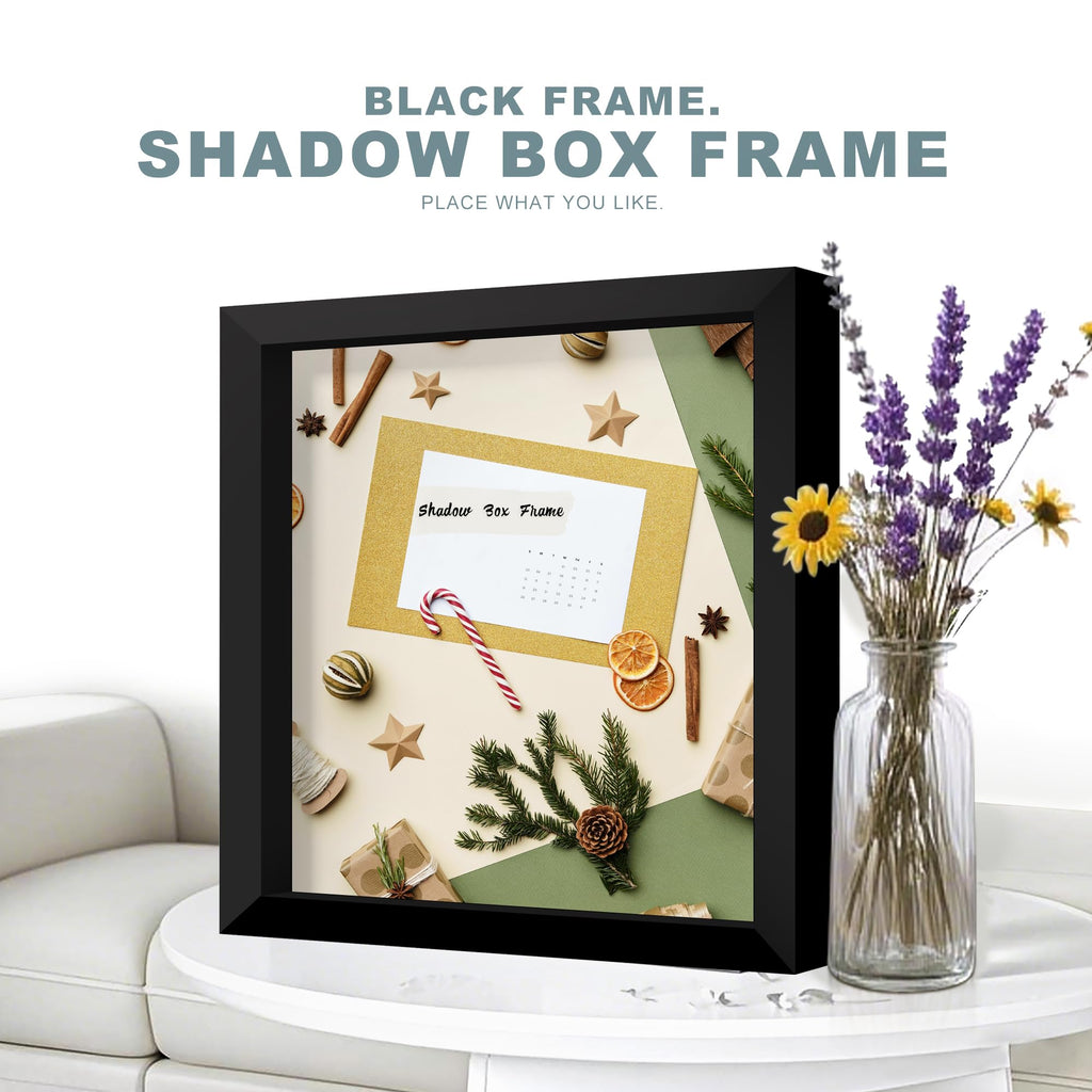 12x12 Black Wooden Shadow Box Frame, 1.2" Deep, Tempered Glass