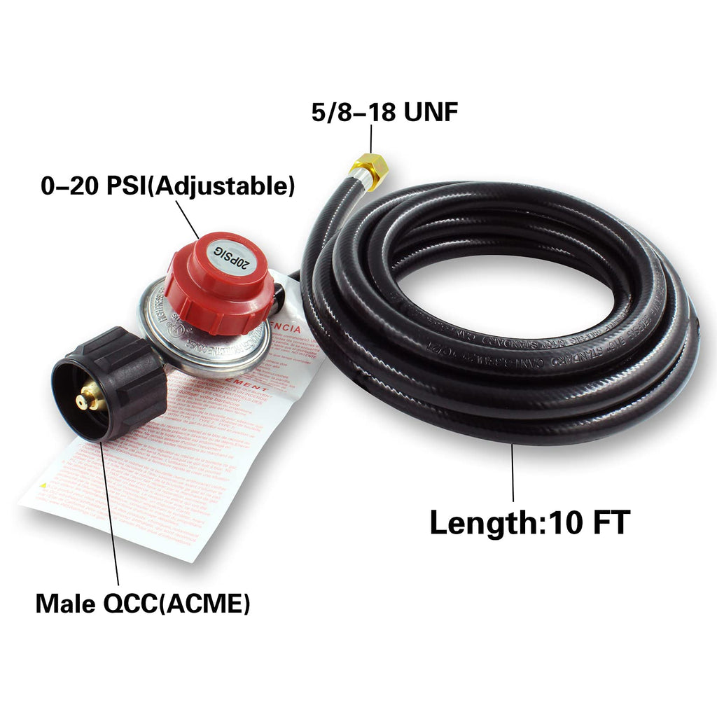 10FT 20PSI Adjustable Propane Regulator Hose with Brass Orifice and Air Mixer Kit 150, 000 BTU For Fire Pit