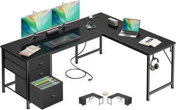 63" L Shaped Desk with Power Outlets & USB-C Port, Reversible Corner Computer Desk with 3 Fabric Drawers, Hooks, Home