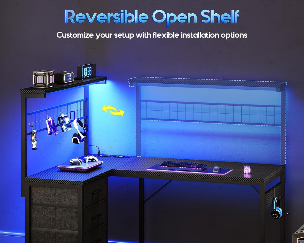 43" L Shaped Gaming Desk with Shelf & 4 Drawers, Black Carbon Fiber | Compact corner computer table. Reversible study
