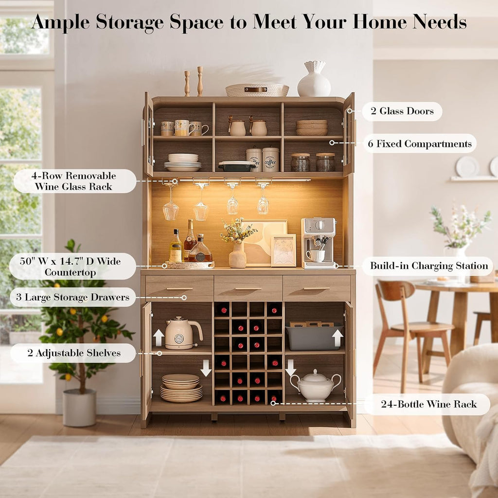 77" Tall Pantry Cabinet & Coffee Bar Cabinet with Storage,Gray Oak | Wine Cabinet Home with LED Lighting & Charging