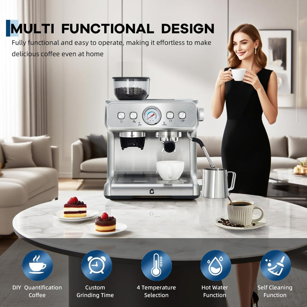 20 Bar Espresso Machine With Grinder Semi Automatic Coffee Maker