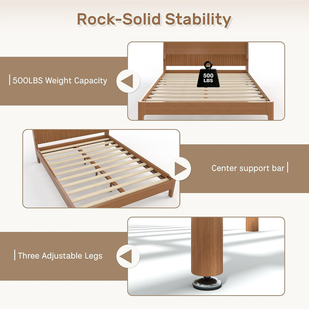 Full Size Bed Frame with Headboard, Solid Bamboo Platform Bed Frame & Wood Slats Support 500LBS, Japanese Bed Frame