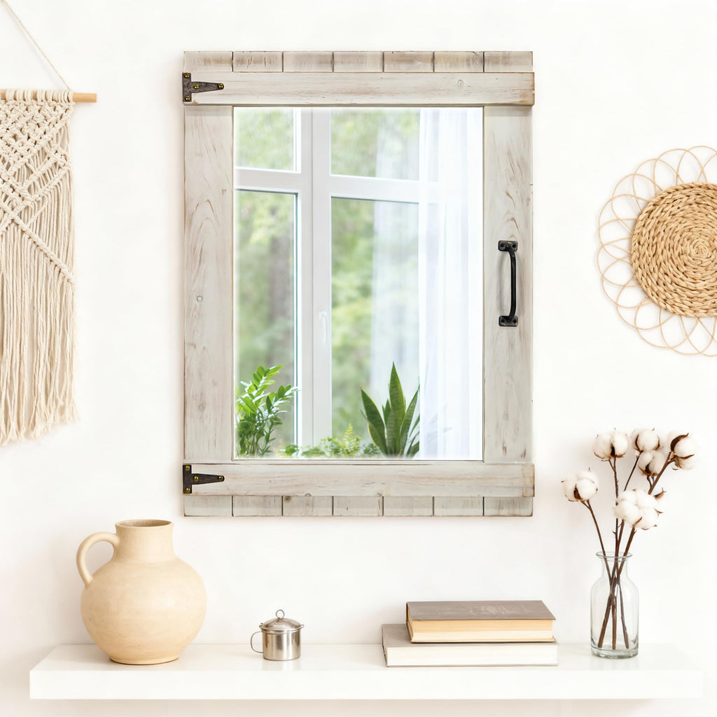 Farmhouse Mirror, 24x32 Inch Distressed White Wood Frame with Black Metal Hinges, Rustic Wall Mirror