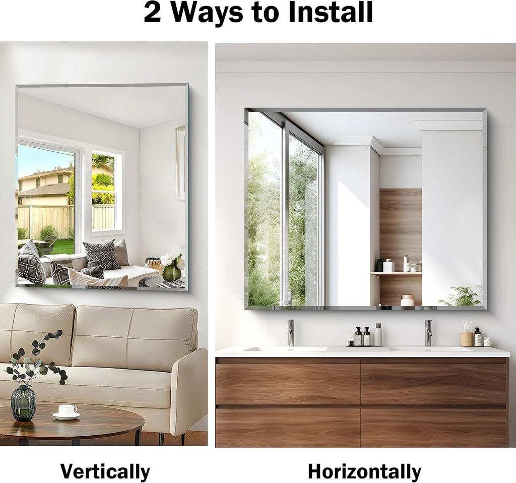 Beveled Bathroom Mirror, 40x48 Large Frameless Vanity Mirror for Over Sink, 3mm Tempered Glass Beveled Wall Mirror